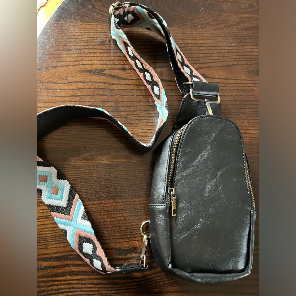 Black Sling Bag with fun guitar strap